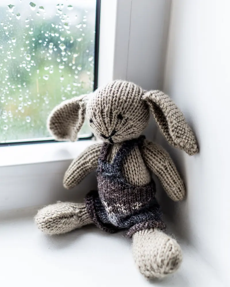 A small knitted stuffed bunny in overalls on a rainy windowsill