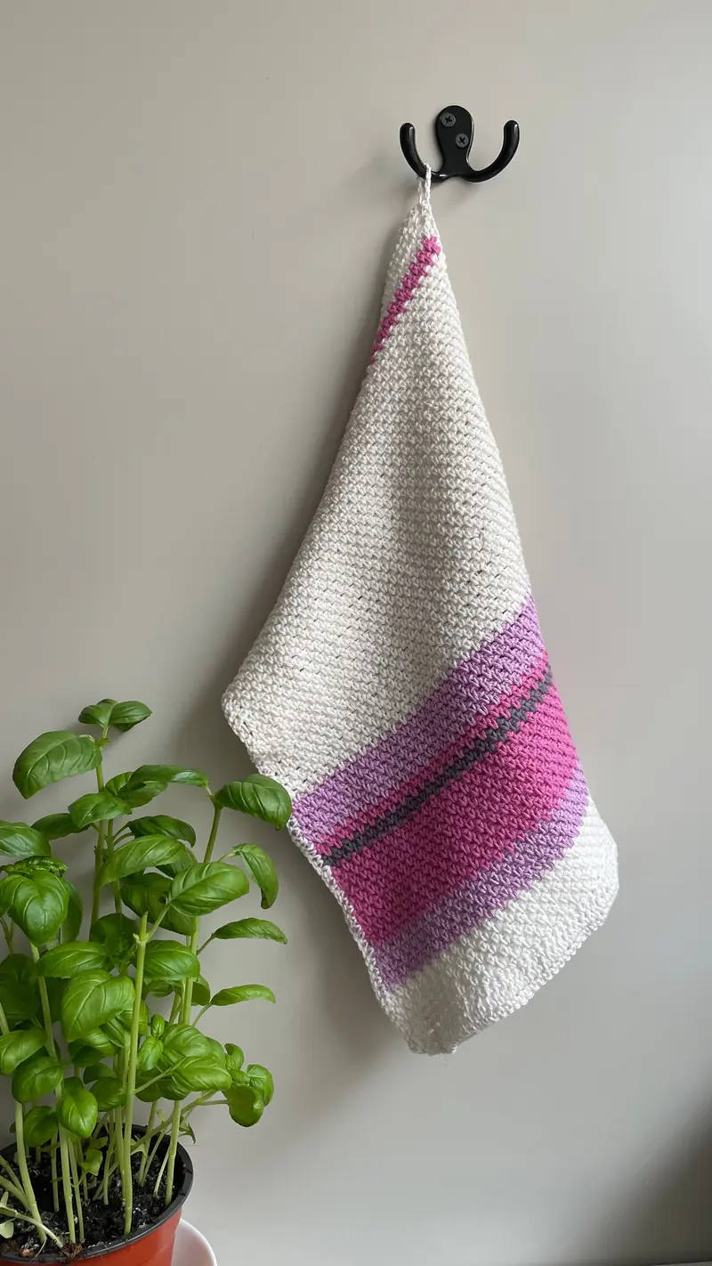 A cream seed-stitch knitted cloth with pink and lavender stripes hanging on a kitchen hook
