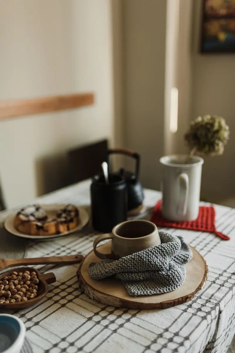 A grey knitted cloth around a mug on a wooden coaster, with a red knitted square nearby